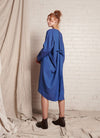 A blue, one size, easy fit pure European linen dress with ruched back detailing