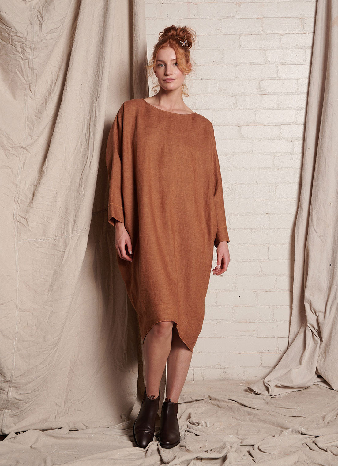 A bronze, one size, easy fit pure European linen dress with ruched back detailing