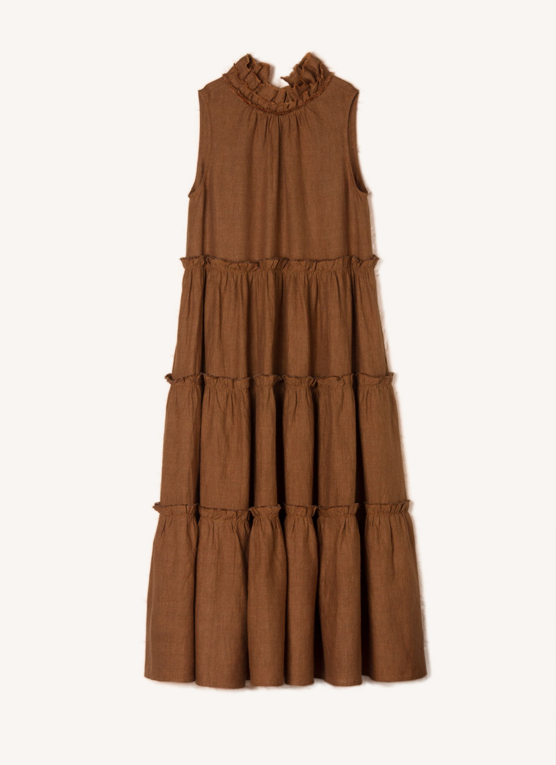 A bronze, sleeveless, pure European linen, tiered dress with ruffled collar and detailing
