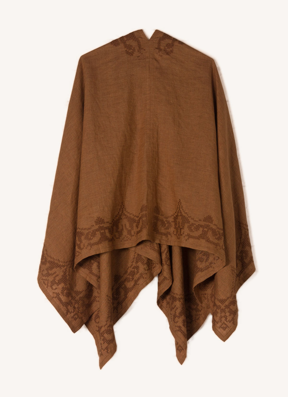 A one size, easy fit, bronze embroidered cape shawl made from European pure linen