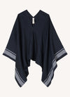 An easy fit, square cut, v-neck poncho with long sleeves made from yarn dye stripe washed linen in ink with pale blue stripe