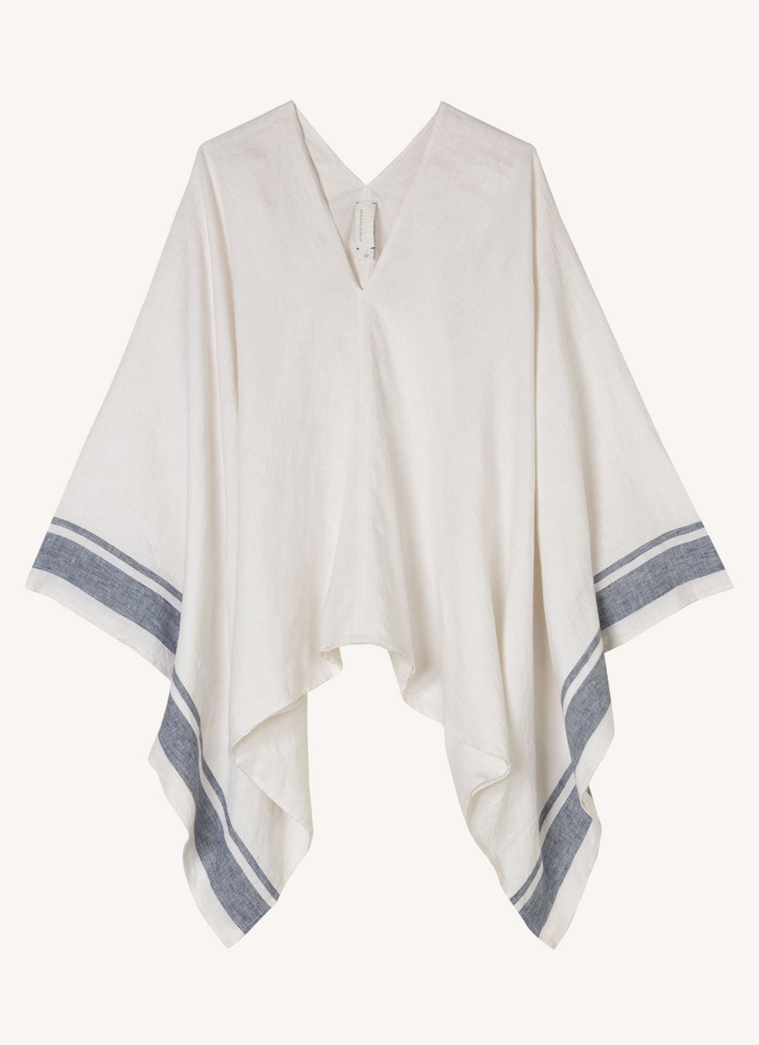 An easy fit, square cut, v-neck poncho with long sleeves made from yarn dye stripe washed linen in white with indigo stripe