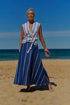 An indigo stripe linen, A-Line, maxi skirt with side pockets and front slit