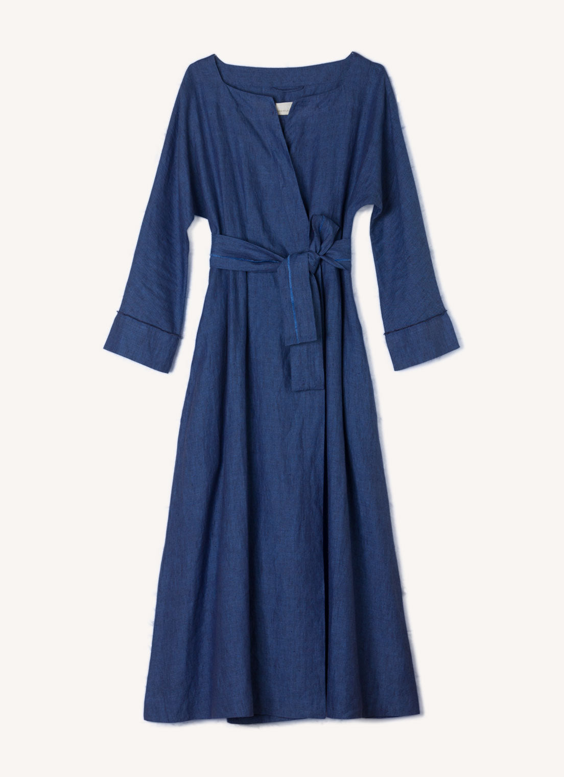 A blue, wrap, midi-length dress with open, square-cut neckline and long, cuffed sleeves with hand frayed edge finish made from European linen