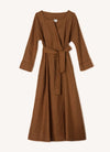 A bronze, wrap, midi-length dress with open, square-cut neckline and long, cuffed sleeves with hand frayed edge finish made from European linen