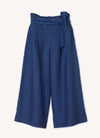 A blue, loose fitting crop pants with elasticated back waistband, hand frayed detailing and tie belt of the same fabric