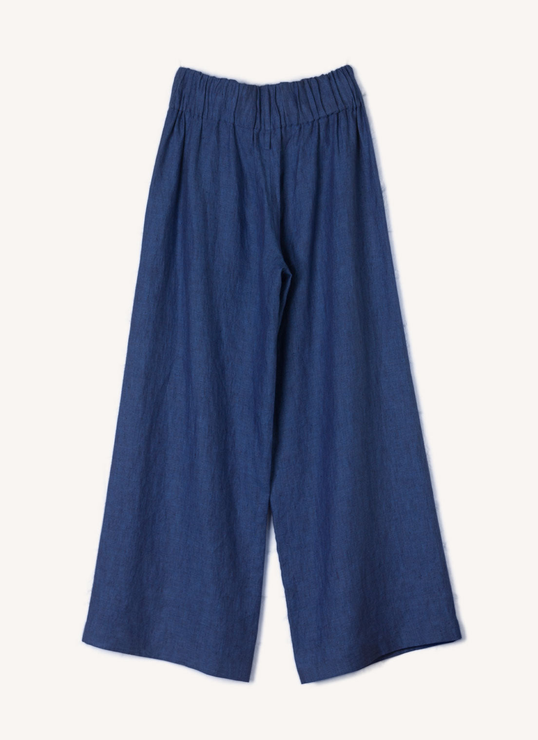 A blue, wide-leg pants with wide and elasticated back waistband and side pockets in pure European linen