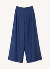 A blue, wide-leg pants with wide and elasticated back waistband and side pockets in pure European linen