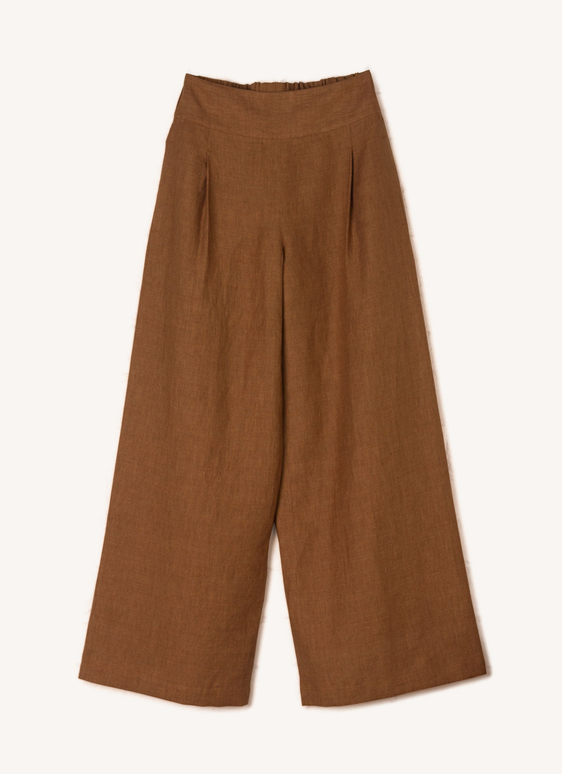 A bronze, wide-leg pants with wide and elasticated back waistband and side pockets in pure European linen