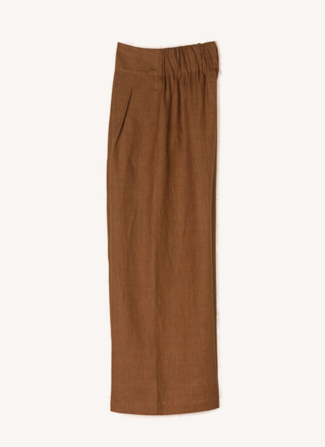 A bronze, wide-leg pants with wide and elasticated back waistband and side pockets in pure European linen