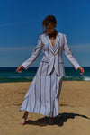A white stripe linen, A-Line- maxi skirt with side pockets and front slit